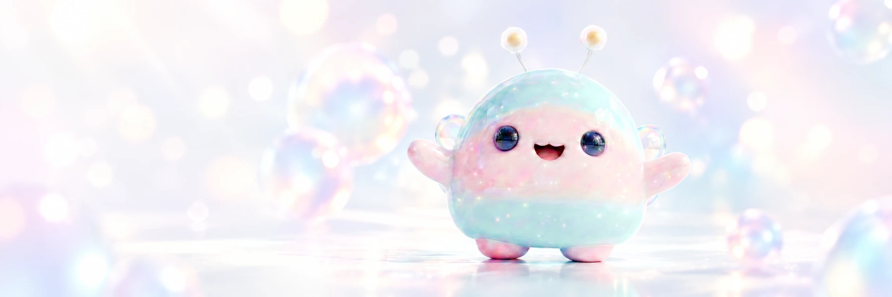 淡いシャボン玉と光に包まれた、パステルカラーのキャラクターKORIRIN
